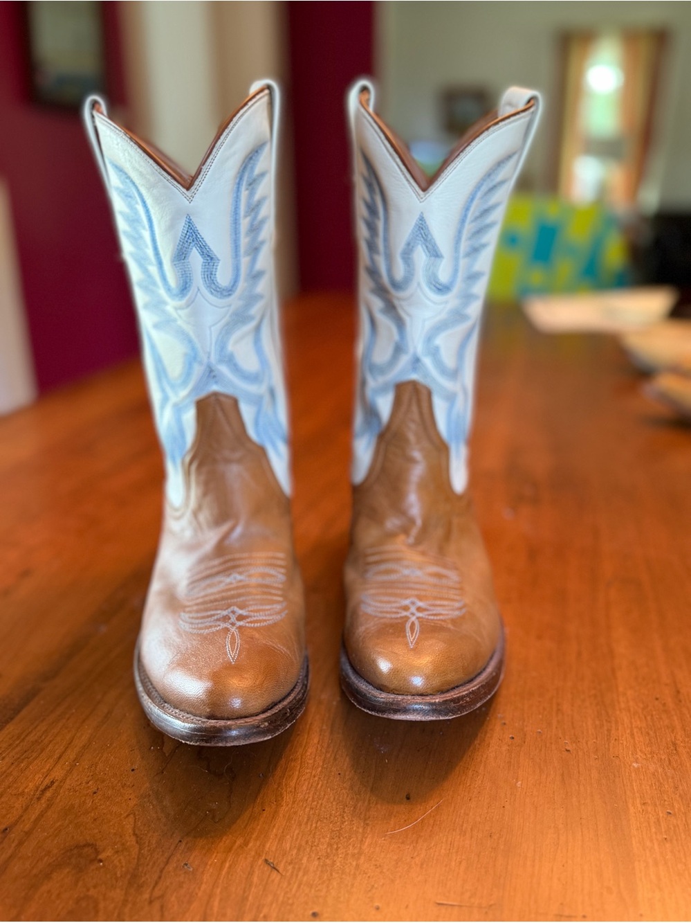 Miron Crosby Samantha Leather Cowboy Boots in Light Blue, cream, and Tan